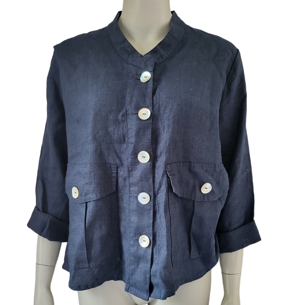 Flax Linen Collarless Button Down Shirt Jacket Roll Sleeve Sz4-6